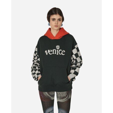 Brand New Venice Checked Sleeve Hooded Sweatshirt Black