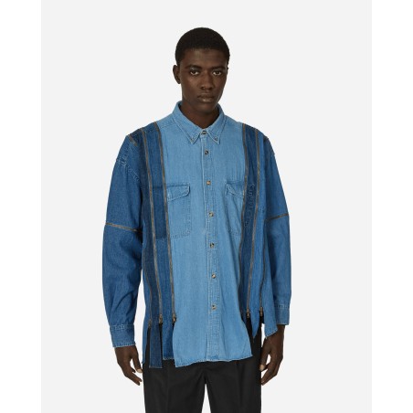 Brand New 7 Cuts Zipped Wide Denim Shirt Blue New Collection